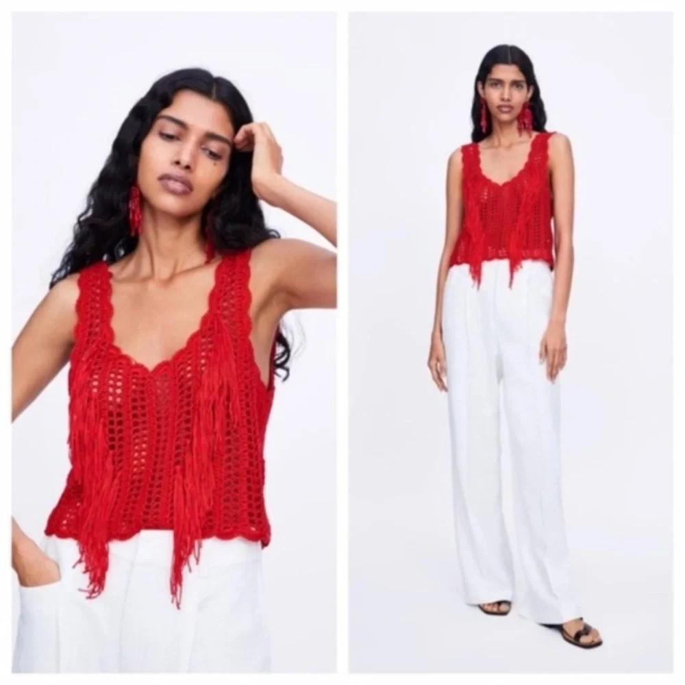 Zara Red Crochet Fringe Knit Sleeveless Crop Top M Weatern Festival Boho NEW - Picture 4 of 12